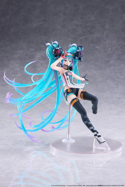 Hatsune Miku Taito Kuji Racing Miku 2026 figure wearing a futuristic racing outfit with flowing turquoise twin-tails and headphones.