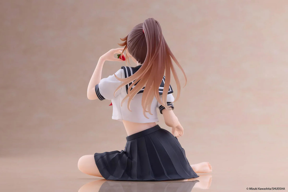 Desktop Cute Satsuki Kitaoji School Uniform Ver. figure seated with a brown ponytail, white and navy sailor uniform, and a strawberry held beside her smiling face.
