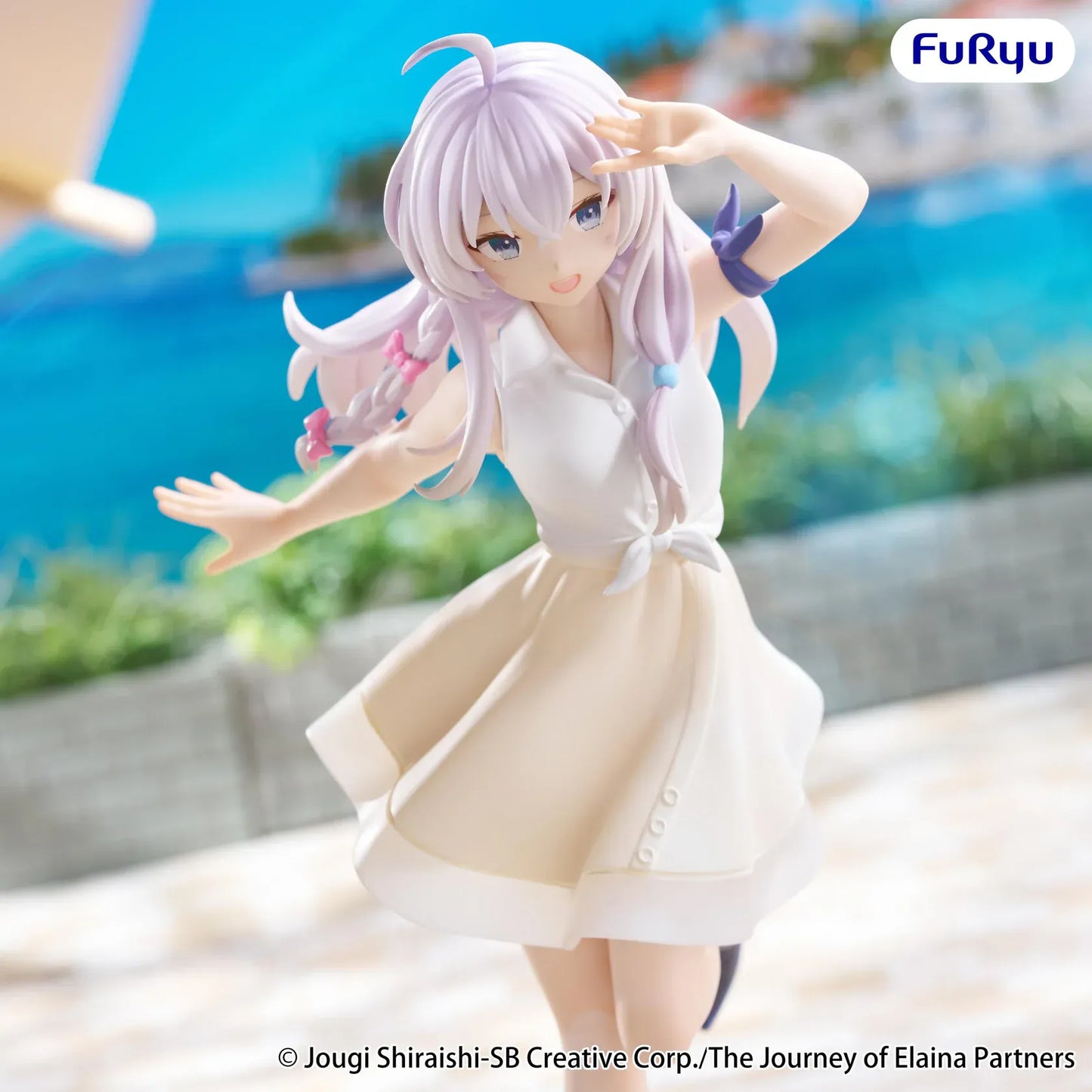 Elaina Muchute White Version figure from Wandering Witch The Journey of Elaina in white dress with scenic background
