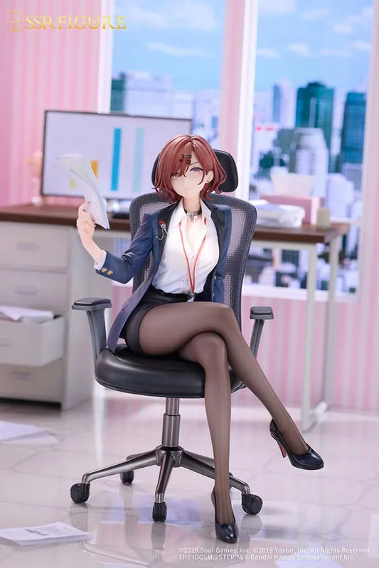 Madoka Higuchi Effortless Work Ver. figure seated in an office chair, wearing a navy blazer and holding papers above a clear circular base.