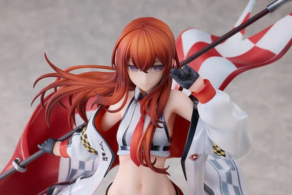 STEINS;GATE Kurisu Makise Racing Ver. 1/7 scale figure with flowing red hair, a white racing jacket, and a red flag on a road-style base.