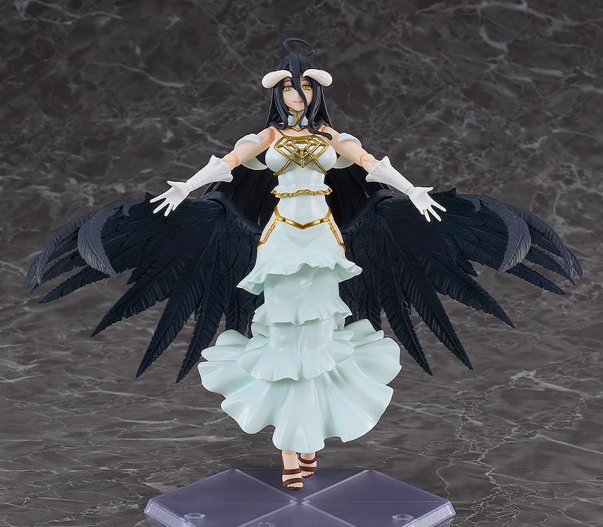 Overlord The Holy Kingdom figma Albedo Figure wearing her white and gold dress with large black feathered wings and signature horns