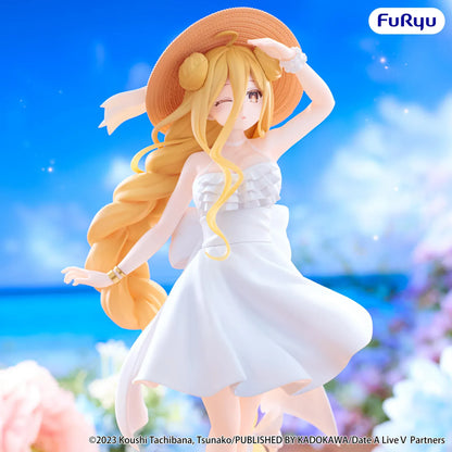 Date A Live V Mukuro Hoshimiya Summer Dress figure wearing a flowing white dress, wide-brimmed sun hat, and sandals with long golden-blonde hair