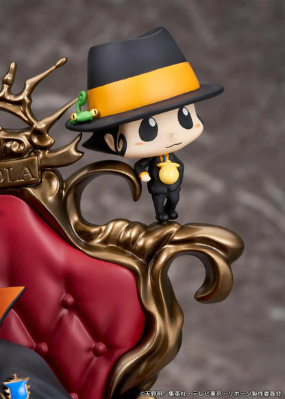 REBORN! Tsunayoshi Sawada & Reborn Scale Figure featuring Tsuna with spiky brown hair, a fiery Dying Will Flame, black suit, and orange-lined cape seated on an ornate golden throne with red upholstery, accompanied by Reborn in his signature fedora.