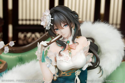 Ruan Mei Plumblossom Letter 1/7 scale figure wearing an elegant teal-and-white floral dress while seated on an ornate green sofa.