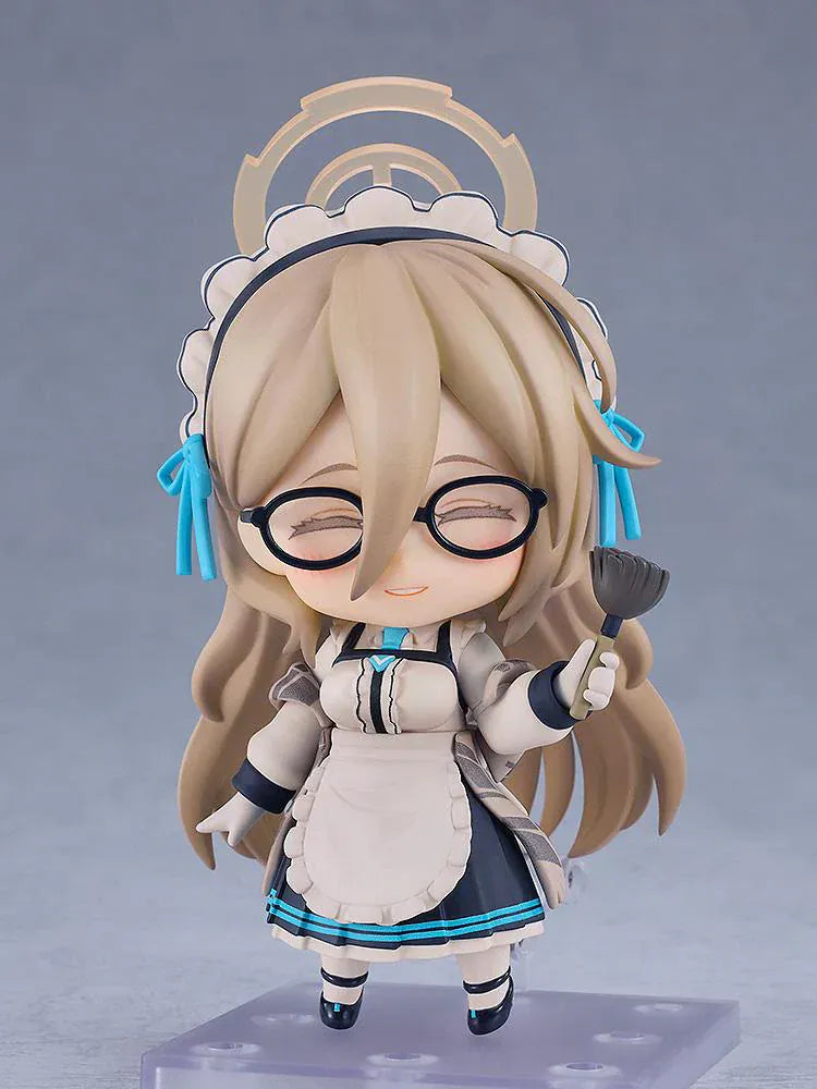 Chibi Nendoroid figure of Akane Murokasa from Blue Archive wearing a maid-style outfit with glasses and halo headpiece, holding a baton.