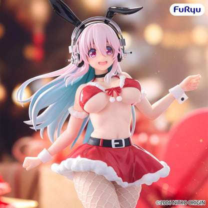 Nitroplus Super Sonico BiCute Bunnies Santa Ver. figure wearing a festive red bunny outfit with headphones, bunny ears, fishnet tights, and gradient pink-and-blue hair