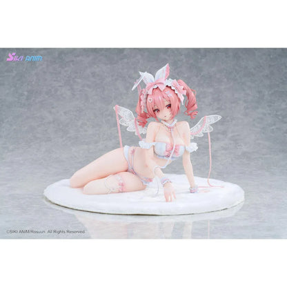 White Rabbit Rosu Angel Ver. Bonus Edition 1/4 Scale Figure illustrated by Rosuuri, featuring a pink-haired bunny girl with white rabbit ears, delicate angel wings, and a frilly white and pink outfit reclining on a fluffy display base.