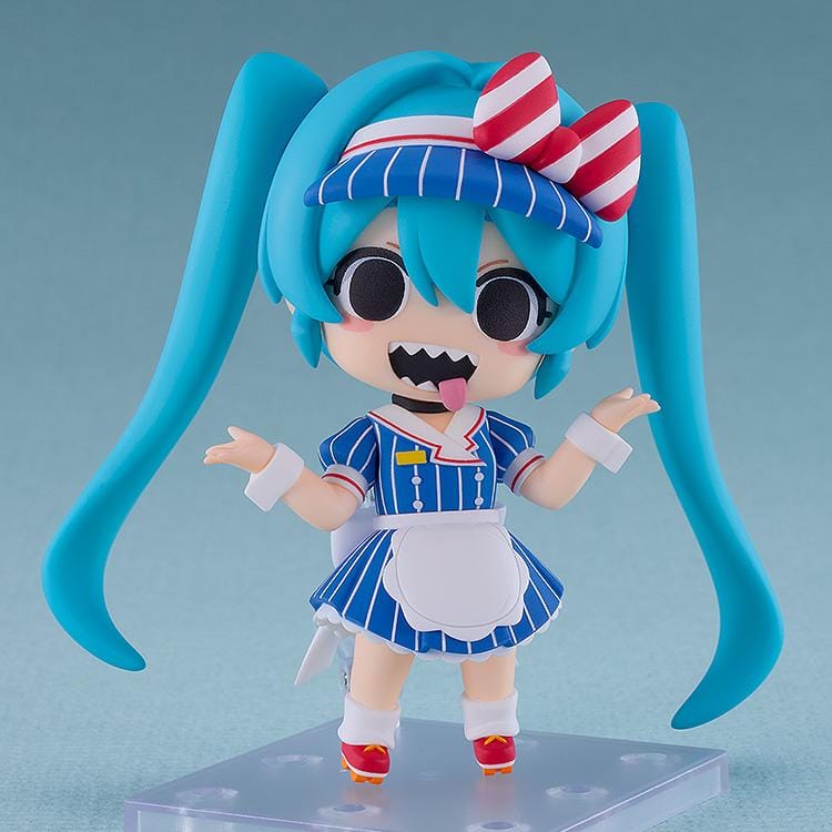 Hatsune Miku Nendoroid Hatsune Miku Mesmerizer Ver. Figure featuring Miku in a chibi-style design with teal twin tails, striped blue outfit, red and white bow, and apron-style details.