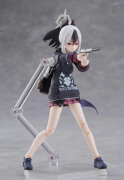 Blue Archive figma Kayoko Onikata Figure with black hoodie, plaid skirt, two-tone hair, halo detail, and tail
