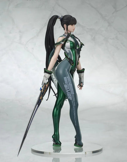 Stellar Blade Eve non-scale figure in a futuristic green and gray combat suit holding a long sword with flowing black hair