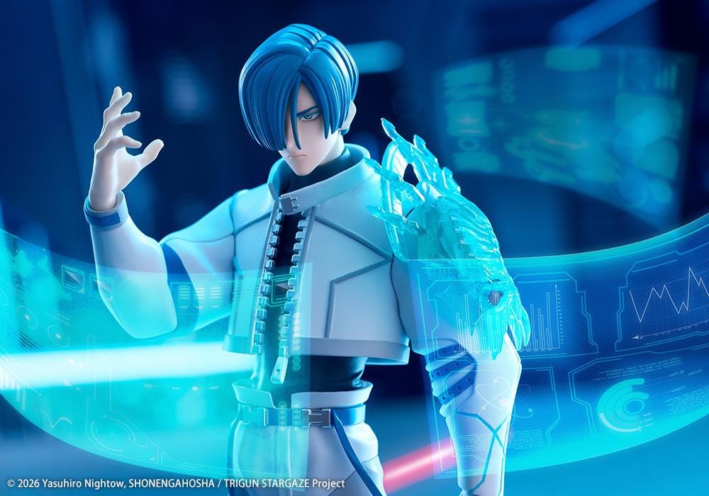 Trigun Stampede Oshi Works Legato Bluesummers figure featuring Legato in his white outfit with translucent blue enhanced arm effect