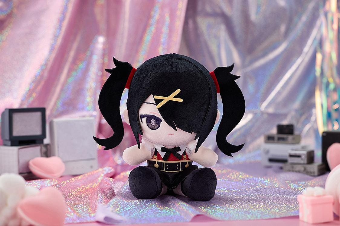 NEEDY GIRL OVERDOSE Ame-chan Punipuni plushie with black twin-tails, yellow hair clips, an embroidered purple eye, and a red and black outfit.
