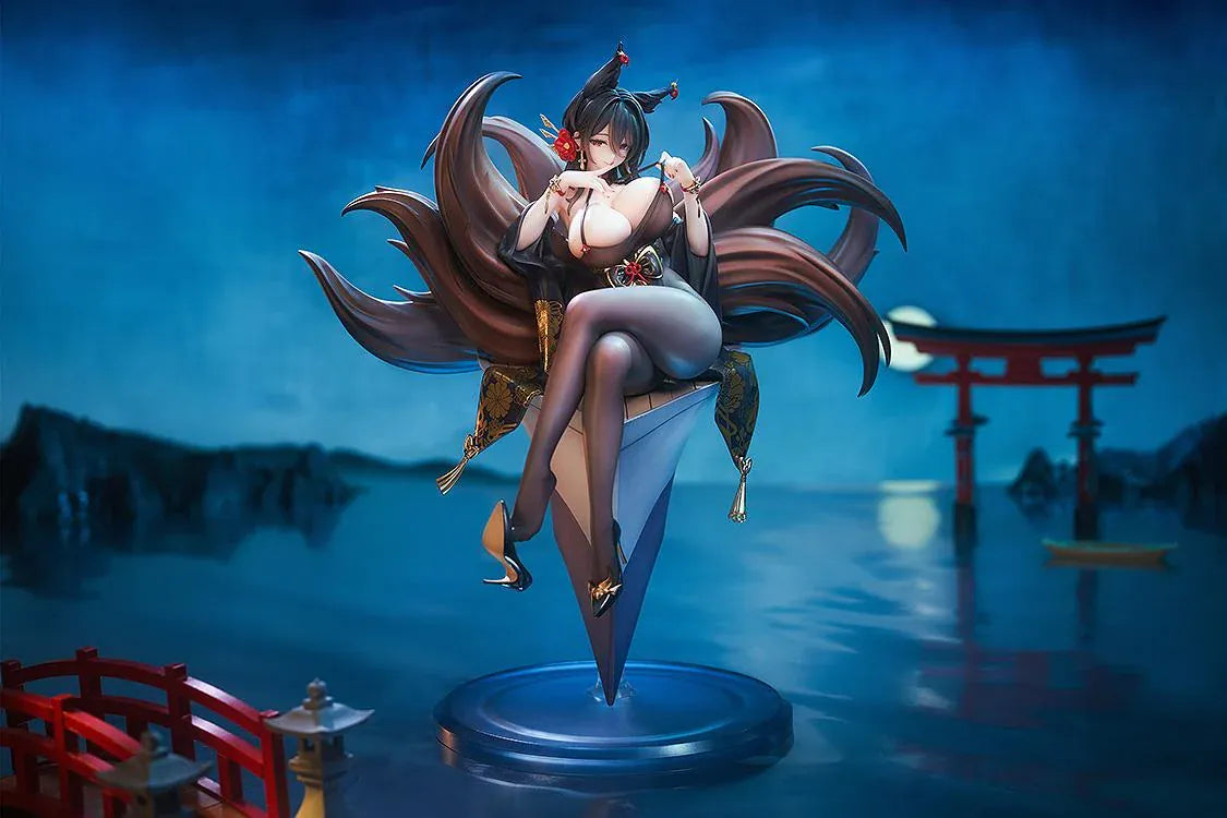 Azur Lane Oumi 1/7 scale figure seated cross-legged on an angular pedestal, with sweeping brown tails and a black outfit decorated with gold flowers.