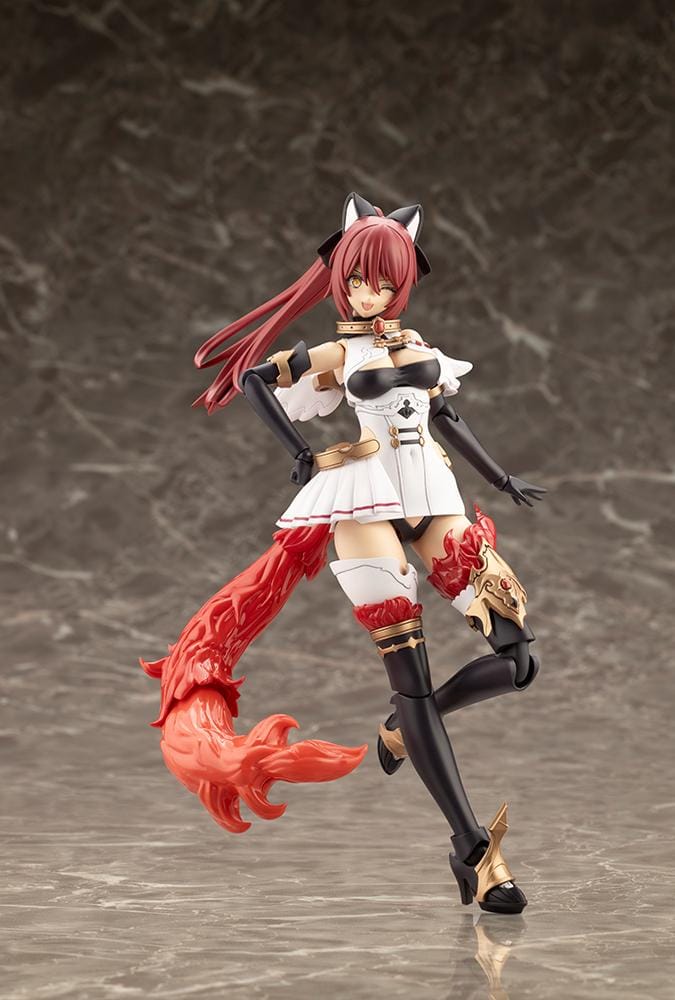 Assembled Arcanadea Charmed model kit with red hair, animal ears, a white and black outfit, gold armor accents, and a sweeping flame-like red tail.