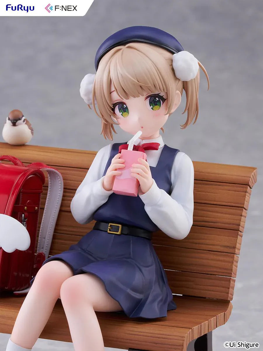 Ui Shigure Ui Shigure 9 Years Old 1/7 Scale Figure seated on a park bench with school bag, drink, and bird companion