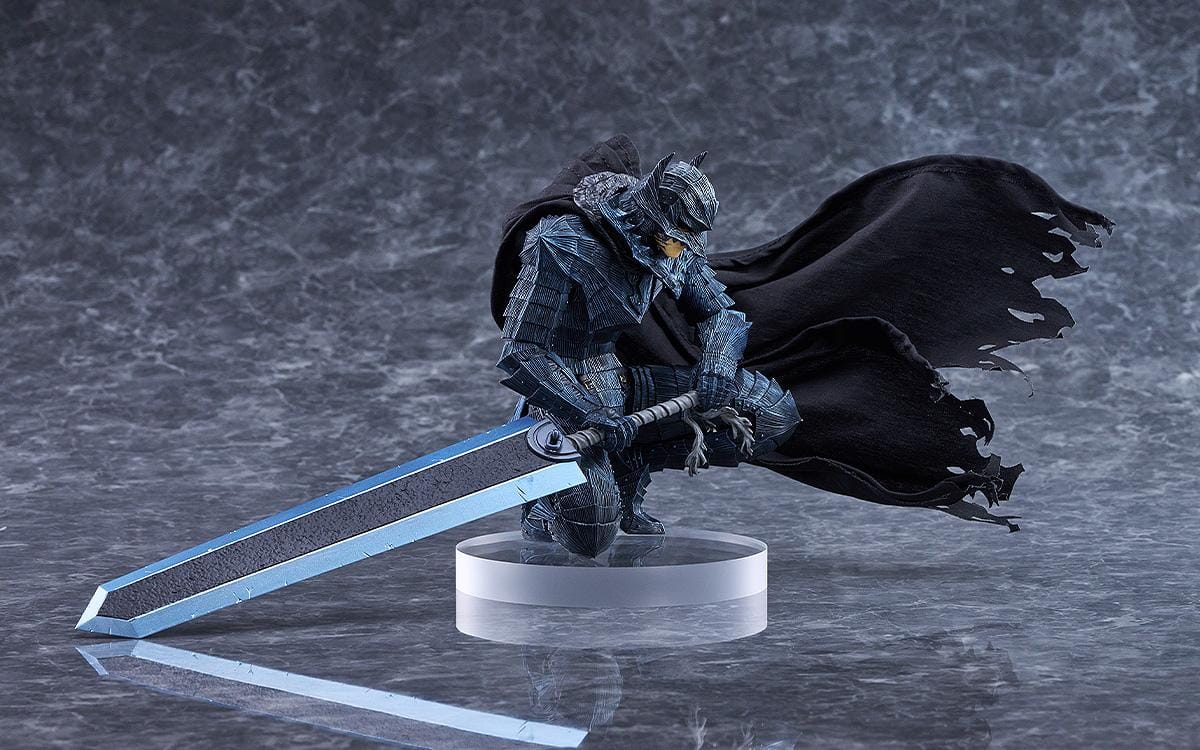 Berserk Guts Berserker Sane figure crouching in dark armor, gripping a massive sword with a textured, ragged black cape sweeping behind him.