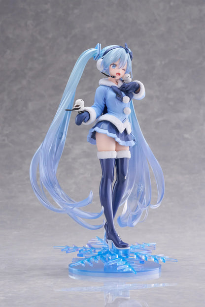 Vocaloid AMP+ Snow Miku All Stars 2012 Ver. Figure with icy blue twin-tails, winter outfit, bird details, and snowflake display base