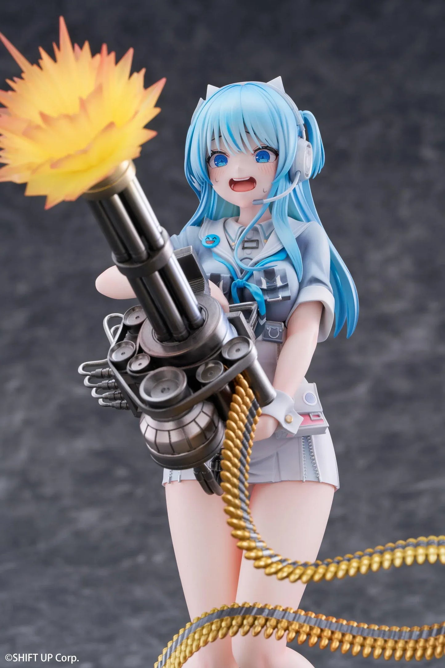 Goddess of Victory Nikke Shifty Illustration Panic Sight Deluxe Ver. 1/7 Scale Figure featuring Shifty with blue hair, tactical outfit, oversized weapon, firing effect, and ammo belt display details.