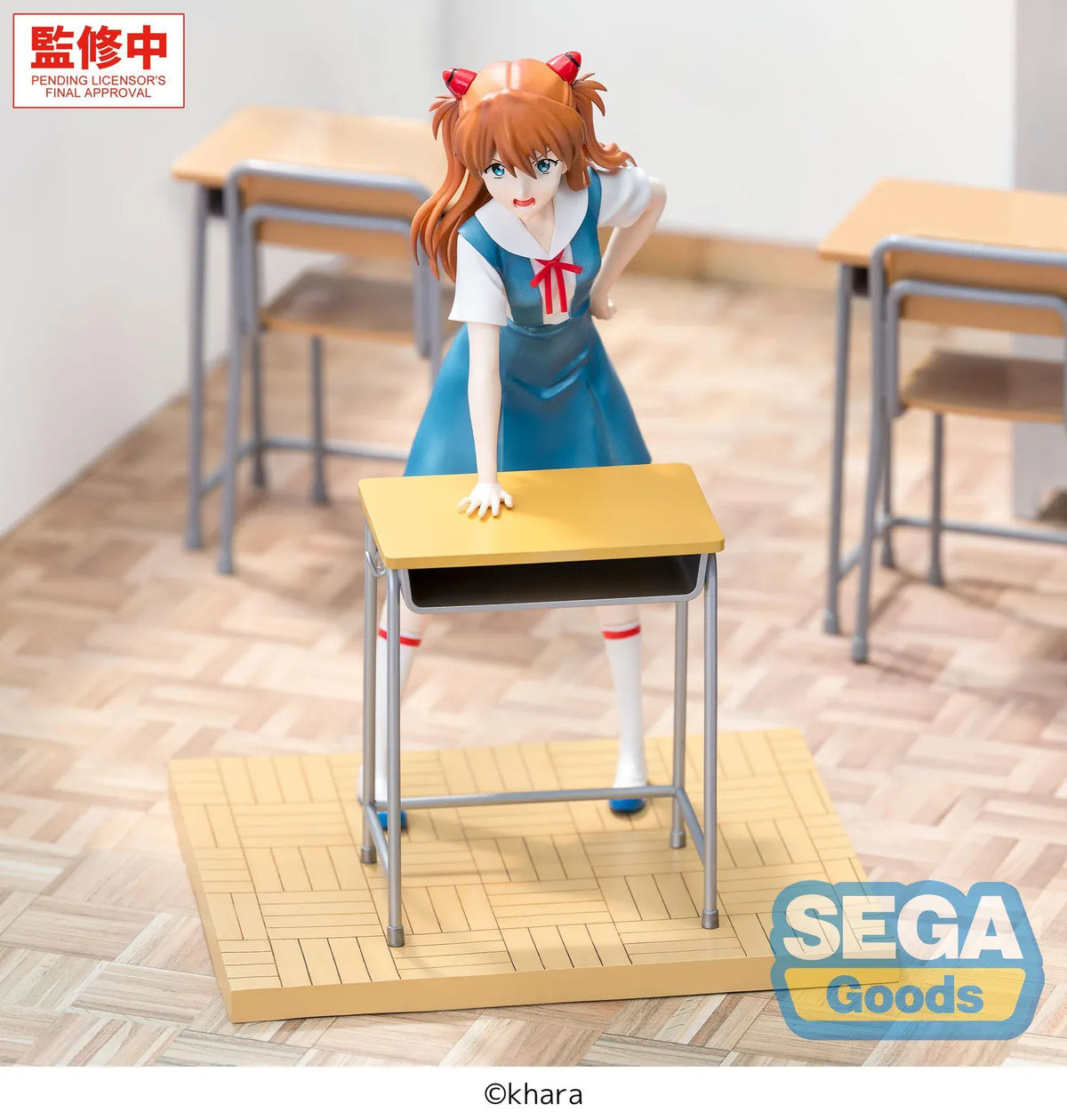 XStellar Asuka Shikinami Langley Uniform Ver. figure leaning on a school desk, wearing a blue and white uniform, on a parquet-style floor base.