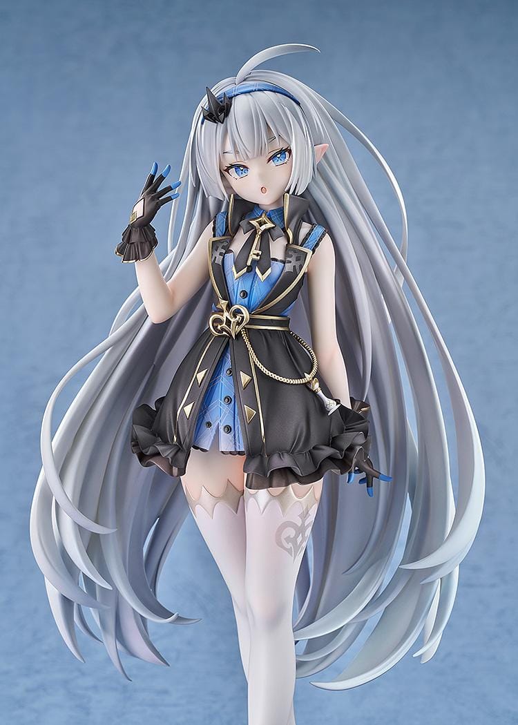 Stella Sora female Tyrant 1/7 scale figure with long silver-blue hair, a black-and-blue ruffled outfit, white stockings, and a blue display base.
