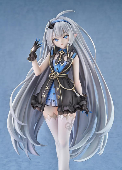 Stella Sora female Tyrant 1/7 scale figure with long silver-blue hair, a black-and-blue ruffled outfit, white stockings, and a blue display base.