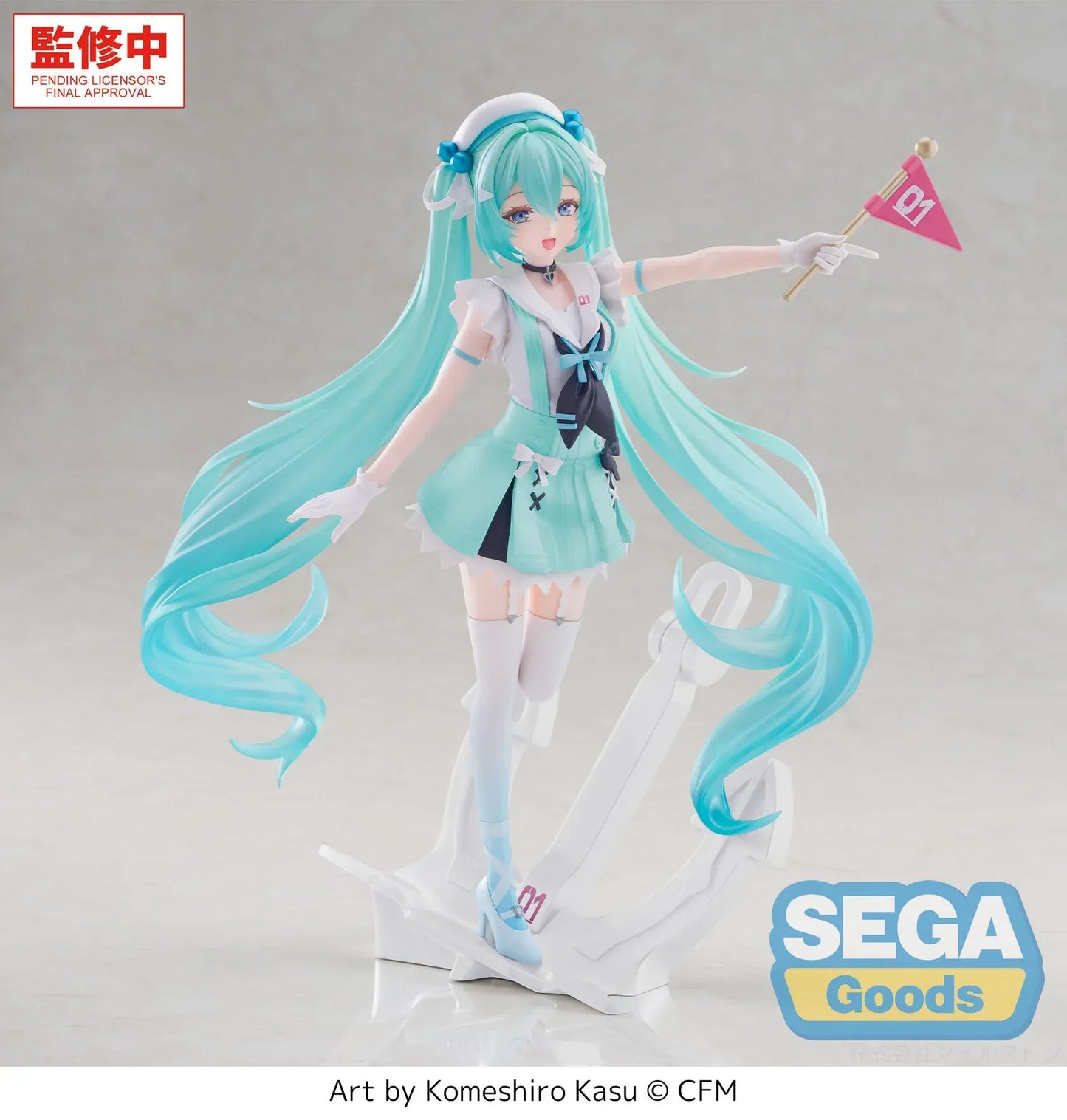 Hatsune Miku sailor figure with twin tails holding flag standing on anchor base