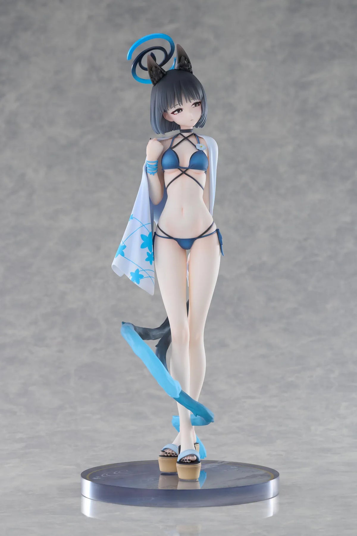 Blue Archive Kikyou Swimsuit 1/7 scale figure with a floral cover-up, pointed ears, blue halo, and twin tails on a circular base.