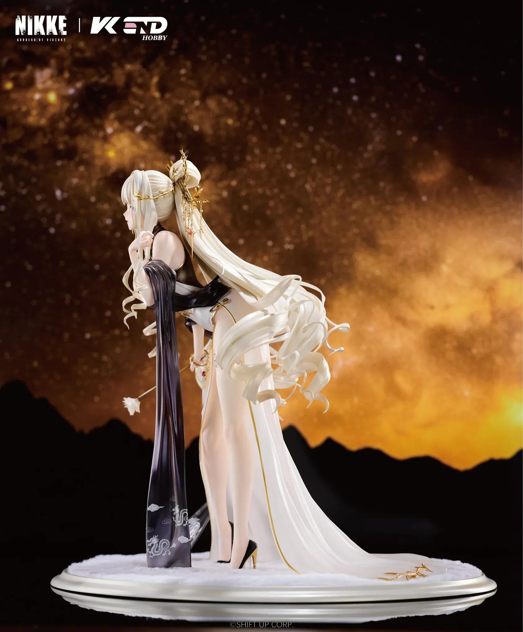 GODDESS OF VICTORY NIKKE Crown Glorious Flower 1/4 Scale Figure in an elegant white black and gold floral outfit