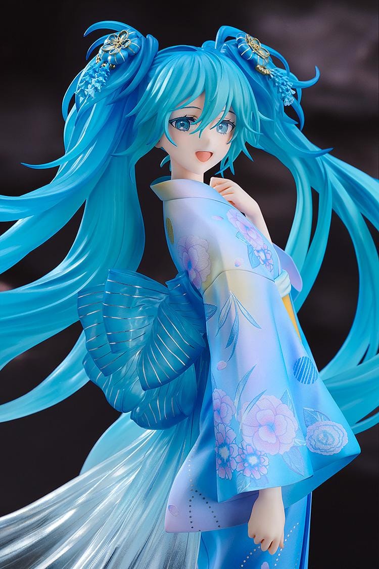 Vocaloid Hatsune Miku Music and Fire Works Ver 1/7 Scale Figure wearing a blue yukata with flowing turquoise twin tails and fireworks display base