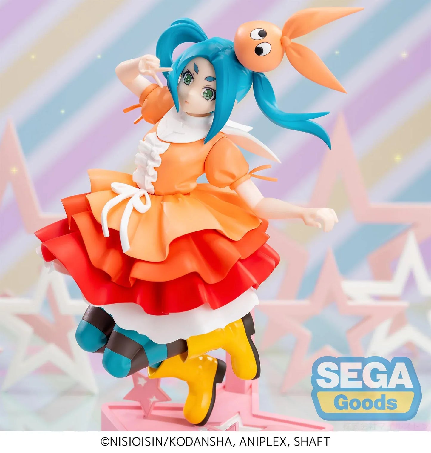 Monogatari XStellar Yotsugi Ononoki Figure with blue-green hair, orange and red outfit, and pink star display base