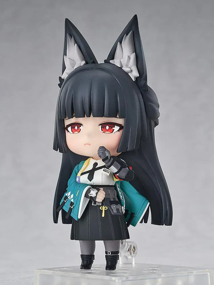 Nendoroid Miyabi Hoshimi with fox ears, black hair, katana, and blue spirit effect part.