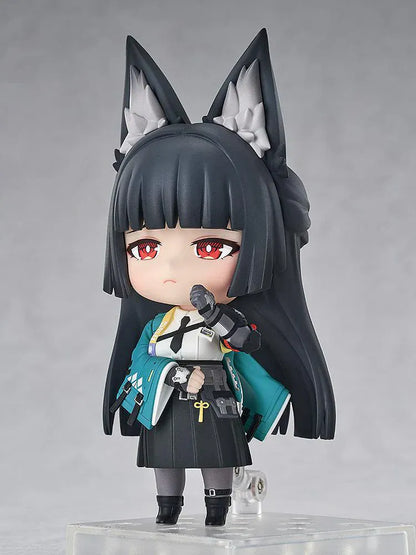 Nendoroid Miyabi Hoshimi with fox ears, black hair, katana, and blue spirit effect part.