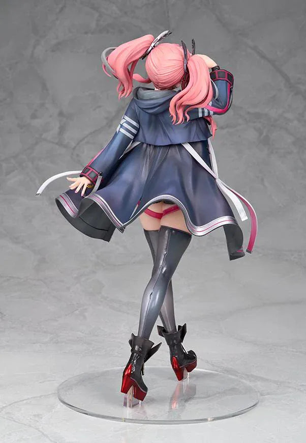 Azur Lane Bremerton 1/7 scale figure with pink twin tails, orange goggles, a navy coat, black shorts, and tall boots in a saluting pose.
