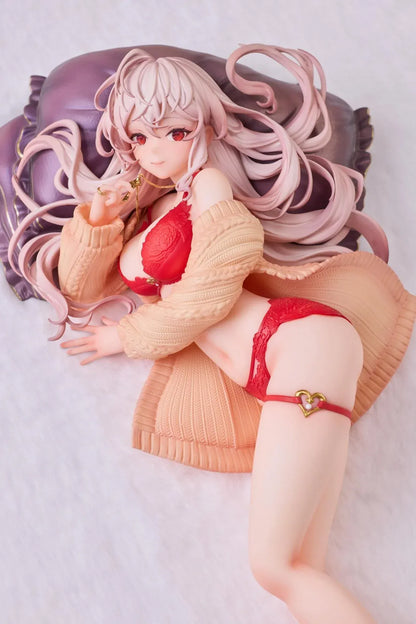 Makia 1/7 scale figure lying on a large fluffy white round base, wearing a cardigan and red lingerie, resting on a purple pillow
