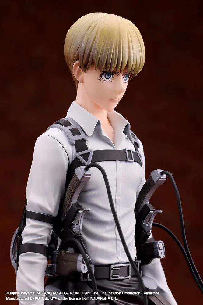 Armin Arlert The Final Season Ver. Oshi Works figure with blond hair, a gray shirt, black harness straps, and equipment on a rectangular black base.