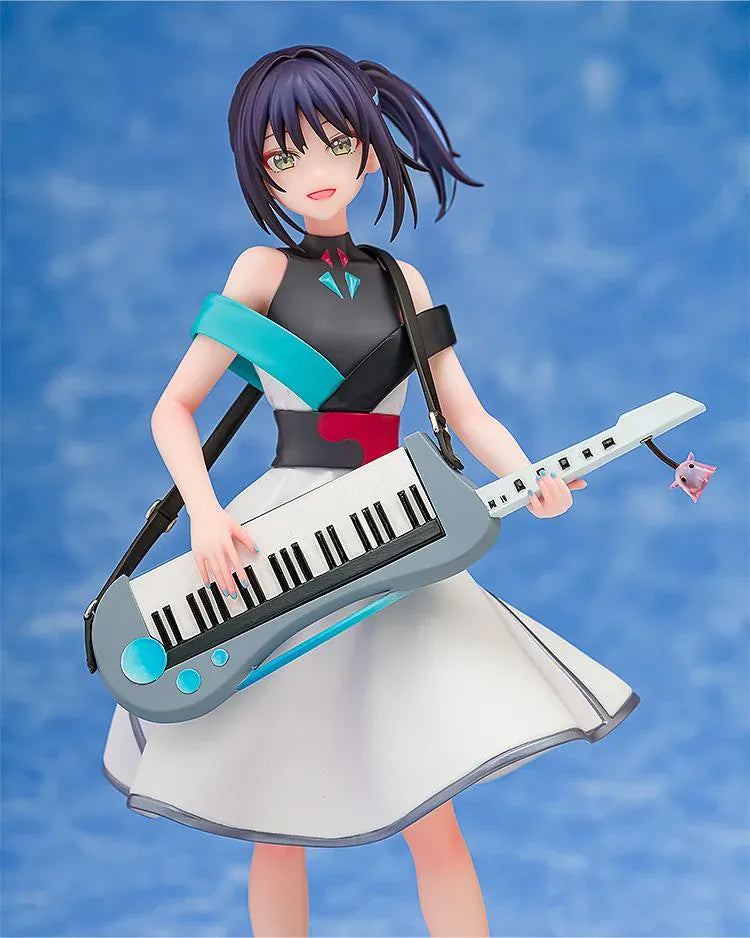 Iroha Sakayori Collaboration Concert Ver. figure with dark purple hair, holding a blue-gray keytar and wearing a white dress with turquoise and black accents.