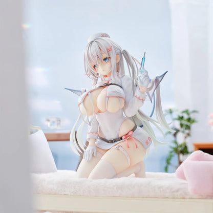 Succubus Nurse Makina figure kneeling in a white and pink nurse outfit with silver hair, batlike wings, a demon tail, and a translucent syringe.