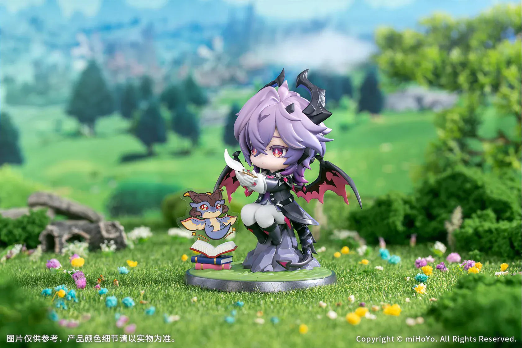 Genshin Impact Durin Floral Wanderings ver. with Bonus Non Scale Figure featuring Durin with lavender hair, horns, bat-like wings, books, companion illustration, and themed display base.