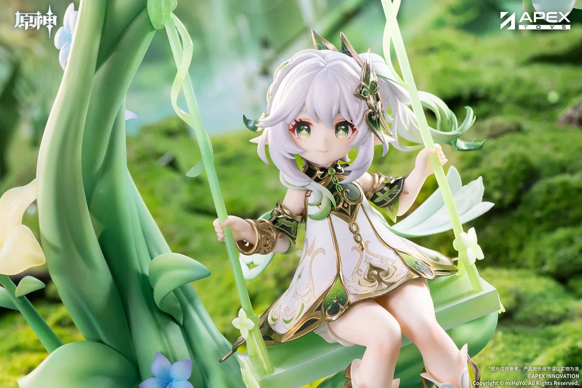Genshin Impact Nahida Physic of Purity Ver. 1/7 scale figure seated on a green swing surrounded by vines, leaves, and colorful flowers.