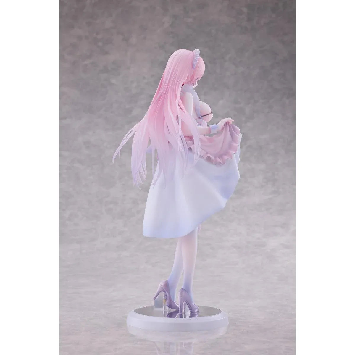 Maid Oneesan Cynthia Different Color Ver. 1/6 Scale Figure illustrated by Yukimiya Yuge, featuring a pink-haired anime girl in a frilly pink and white maid outfit with a black top, white stockings, and high heels.