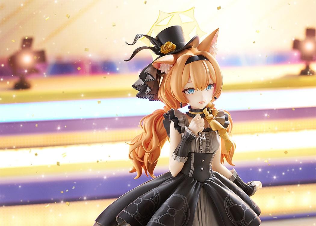 Scale figure of Mari from Blue Archive in her Pop Idol outfit, wearing a black and gray frilled dress with cat ears, hat, and ribboned heels on a yellow base.