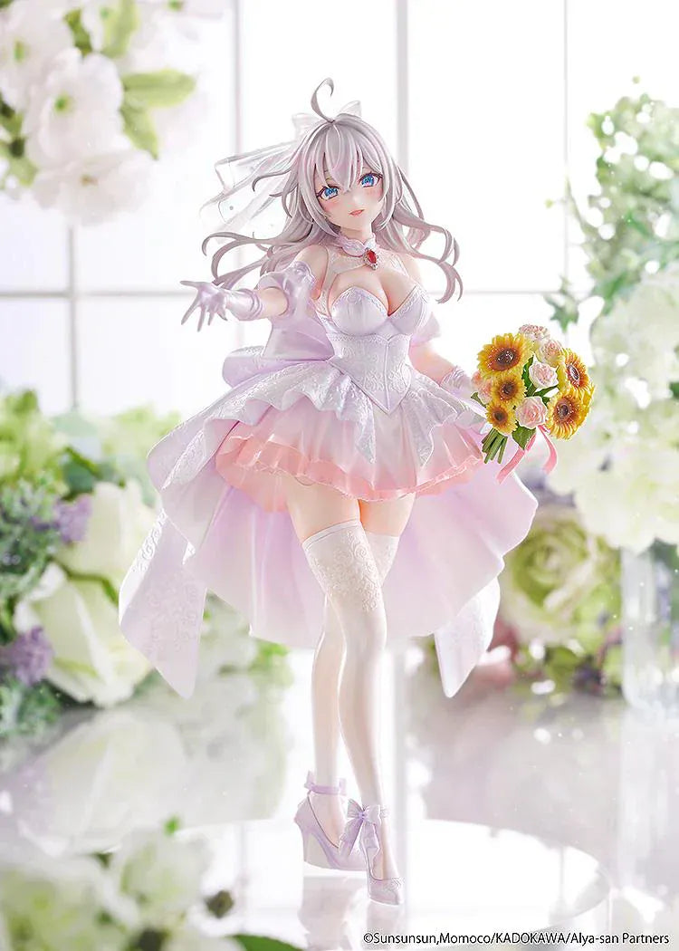 “KD Colle Alisa Mikhailovna Kujou Wedding Dress Ver. 1/7 Scale Figure standing in a flowing white and pink bridal gown holding a flower bouquet.”