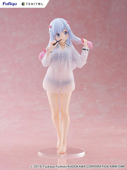 Eromanga Sensei Tenitol Tall Sagiri Izumi (Shirt Ver.) Figure by FuRyu, featuring Sagiri holding a pen while wearing a translucent oversized shirt and smiling softly.