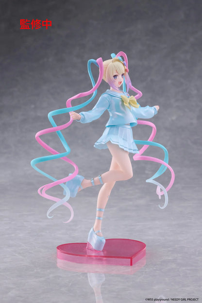 Needy Girl Overdose OMGKawaiiAngel Coreful Figure featuring a blonde-haired anime girl with blue eyes, long pink and blue twin-tails, a pastel-blue sailor-style outfit, yellow bow, and matching shoes posed on a pink heart-shaped base.