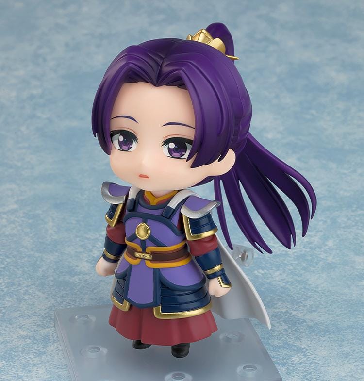 The Apothecary Diaries Nendoroid Jinshi Armor Ver. Figure featuring Jinshi with purple hair, detailed armor, gold accents, cape, and sword accessory.