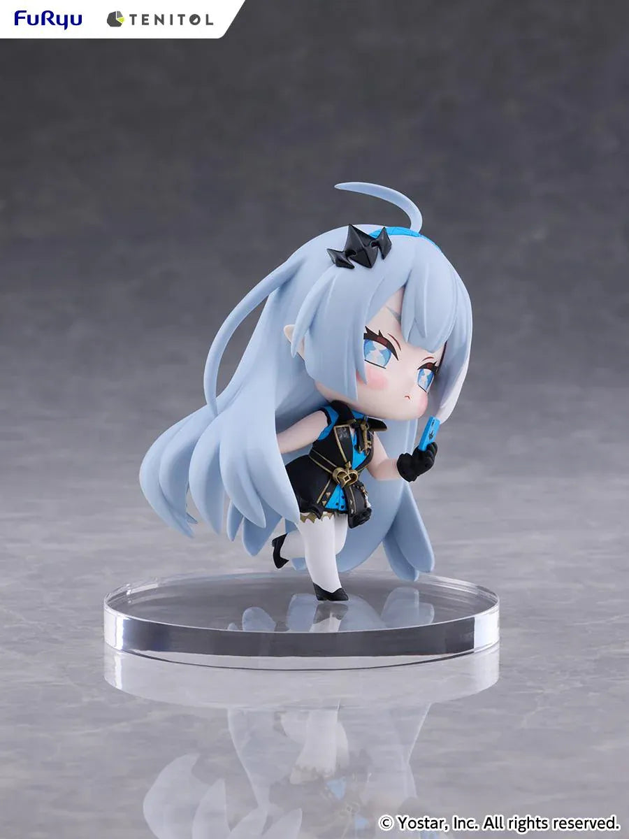 Stella Sora TENITOL Mini Tyrant Figure by FuRyu featuring a light-blue-haired anime girl with blue eyes wearing a black and blue outfit with gold accents, black gloves, and white stockings while holding a small blue device.