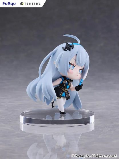 Stella Sora TENITOL Mini Tyrant Figure by FuRyu featuring a light-blue-haired anime girl with blue eyes wearing a black and blue outfit with gold accents, black gloves, and white stockings while holding a small blue device.