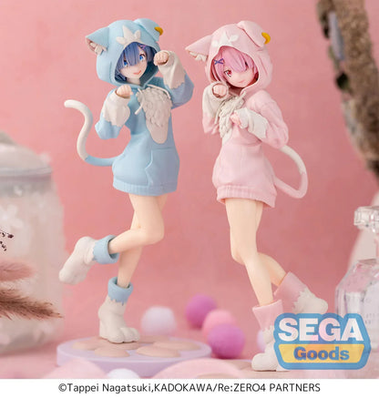 XStellar Re:Zero Ram Mofumofu Pack figure in pink cat-hoodie outfit standing on pink base