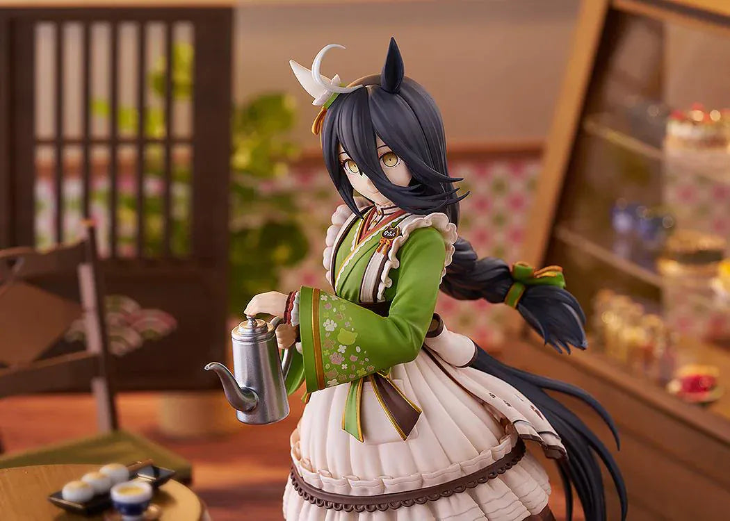 Uma Musume Pretty Derby Manhattan Cafe Willow-Green Evening 1/7 scale figure holding coffee pot with wooden base